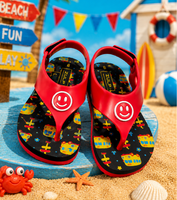 A pair of red flip-flop sandals with black patterned soles featuring colorful airplanes and a white smiley face logo on the toe strap, displayed on a blue wooden platform in a beach-themed setting with sand, a crab toy, and a starfish.
