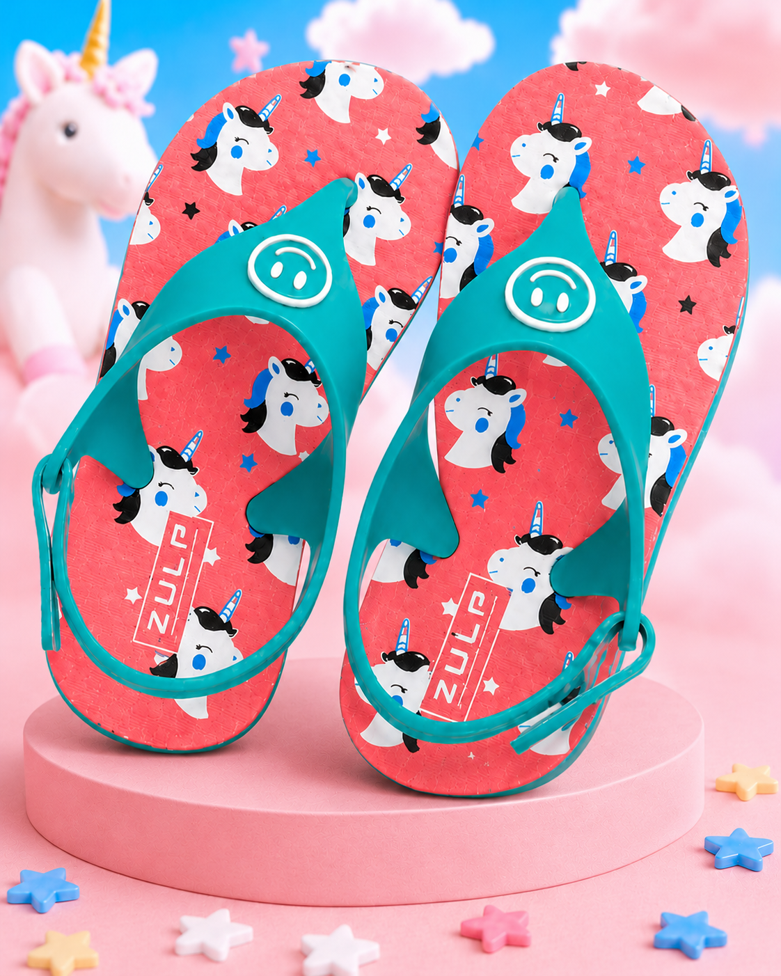 A pair of children's flip-flop sandals with turquoise straps and coral-red footbeds printed with cartoon unicorns, displayed on a pink pedestal against a pastel sky and unicorn backdrop.