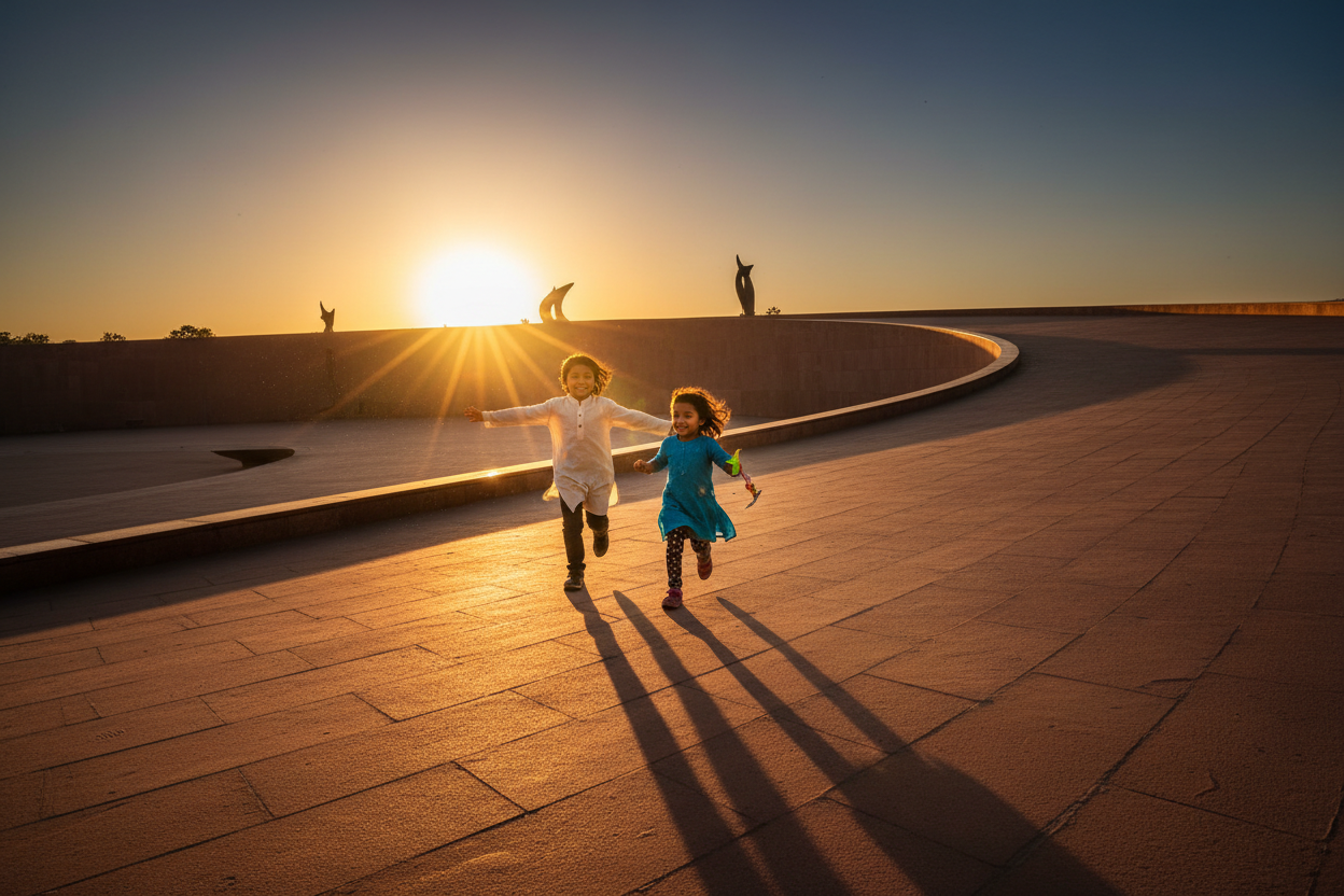 Concept 1: "The Golden Hour Chase" (Motion & Light Focus) This concept focuses on energy, movement, and the warmth of light connecting to your header color. The Vibe: Energetic, free, aspirational, golden. The Scene: A wide-angle landscape shot at sunset (golden hour). 2-3 diverse Indian kids (mixed ages, say a 7-year-old and a 4-year-old) are running up a gentle hill or across a modern architectural plaza. Contrasting Color Palette: Deep blues, rich terracottas, and long, dark charcoal shadows. 